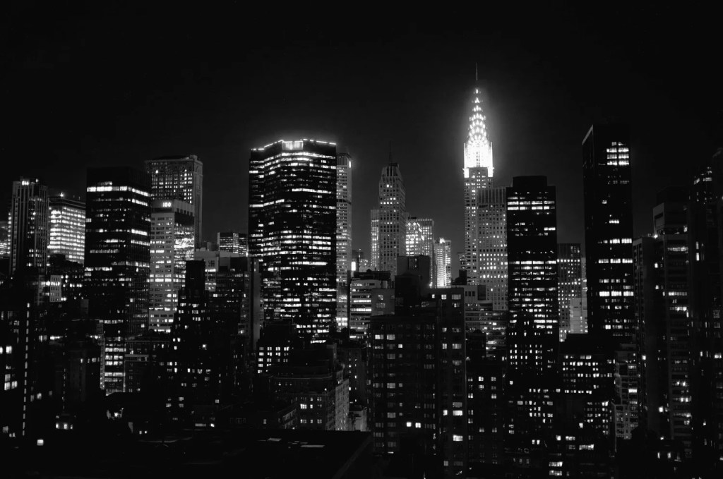 Night photo of Manhattan, looking north from 34th street.
